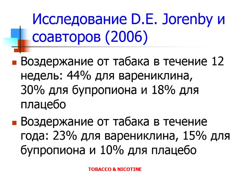 Исследование D.E. Jorenby и соавторов (2006)  Воздержание от табака в течение 12 недель: